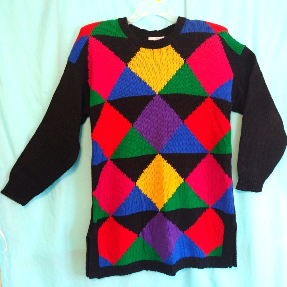 Vintage 1990s 1980s knit sweater black color blocked multicolored medium